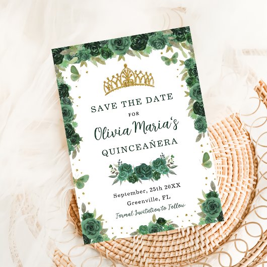 Quinceañera Emerald Green Floral Butterflies Tiara Save The Date