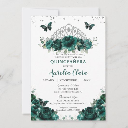 Quinceañera Emerald Green Floral Crown Español Kaart (Voorkant)