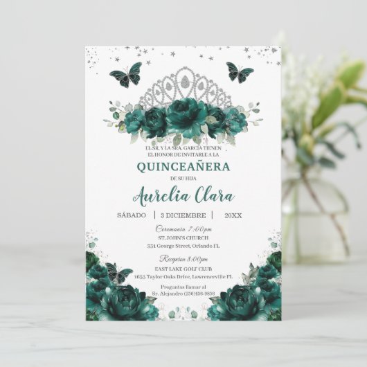 Quinceañera Emerald Green Floral Crown Español Kaart (Staand voorkant)