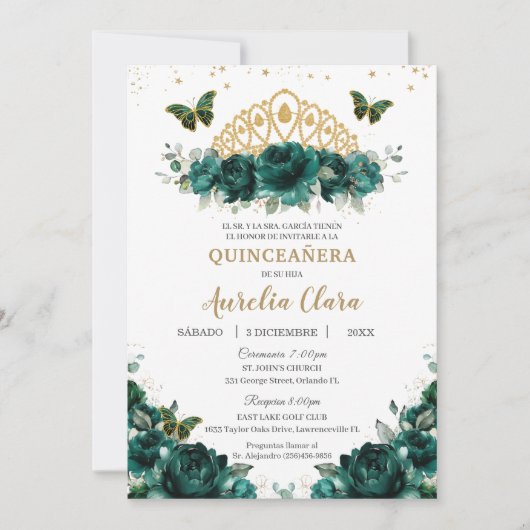 Quinceañera Emerald Green Floral Crown Español Kaart (Voorkant)