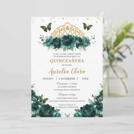 Quinceañera Emerald Green Floral Crown Español Kaart (Staand voorkant)