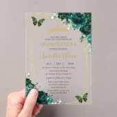 Quinceañera Emerald Green Floral Gold Butterflies Acryl Uitnodigingen (Insitu (Draagbaar))