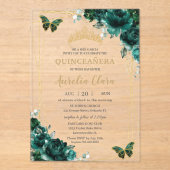 Quinceañera Emerald Green Floral Gold Butterflies Acryl Uitnodigingen (Voorkant)