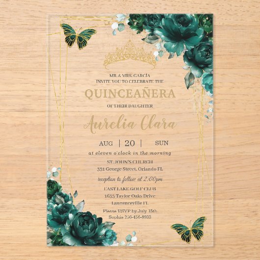 Quinceañera Emerald Green Floral Gold Butterflies Acryl Uitnodigingen (Voorkant)