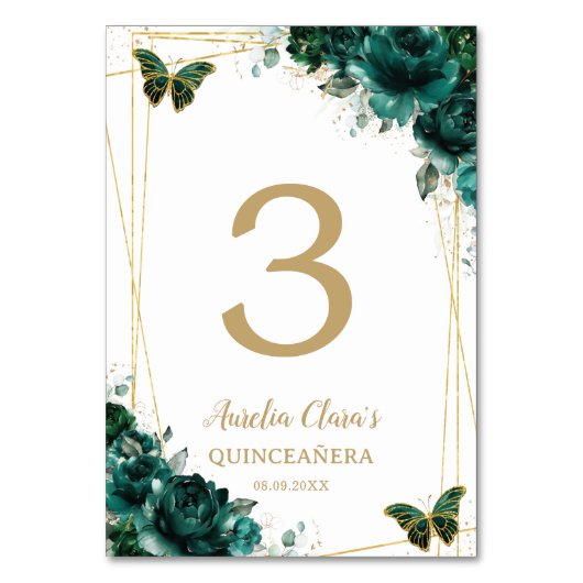 Quinceañera Emerald Green Floral Gold Butterflies Kaart (Achterkant)