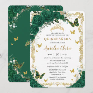 Quinceañera Emerald Green Floral Gold Butterflies Kaart