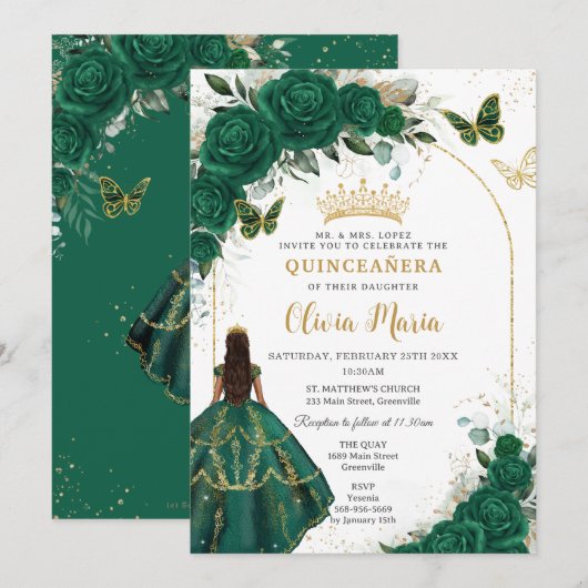 Quinceañera Emerald Green Floral Gold Butterflies Kaart (Voorkant / Achterkant)