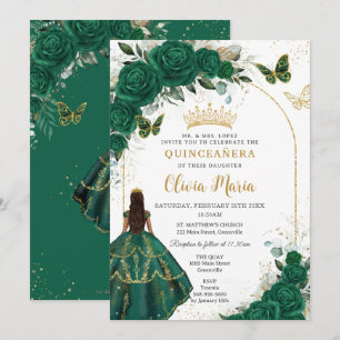 Quinceañera Emerald Green Floral Gold Butterflies Kaart