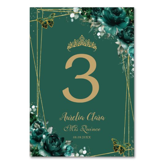 Quinceañera Emerald Green Floral Gold Butterflies Kaart (Achterkant)