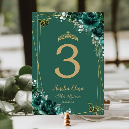 Quinceañera Emerald Green Floral Gold Butterflies Kaart