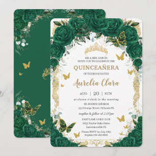 Quinceañera Emerald Green Floral Gold Butterflies Kaart