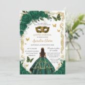 Quinceañera Emerald Green Floral Gold Masquerade Kaart (Staand voorkant)