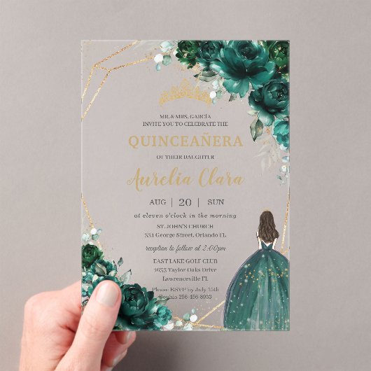 Quinceañera Emerald Green Floral Gold Princess Acryl Uitnodigingen (Insitu (Draagbaar))