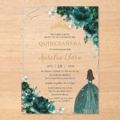 Quinceañera Emerald Green Floral Gold Princess Acryl Uitnodigingen (Voorkant)