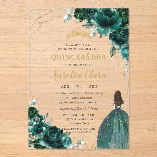 Quinceañera Emerald Green Floral Gold Princess Acryl Uitnodigingen (Voorkant)