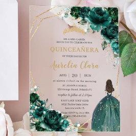 Quinceañera Emerald Green Floral Gold Princess Acryl Uitnodigingen