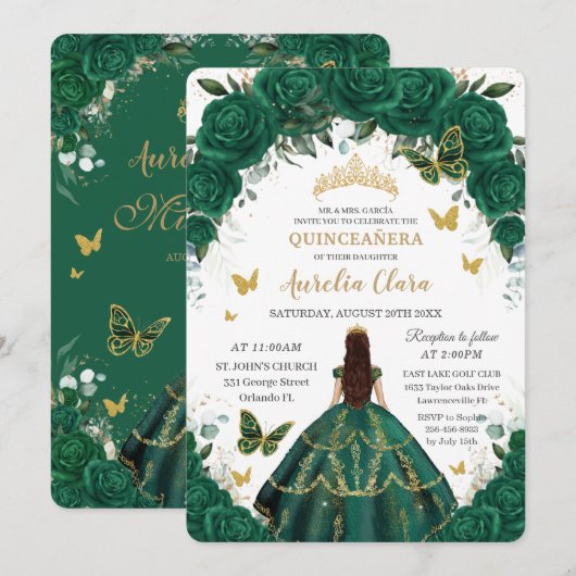 Quinceañera Emerald Green Floral Gold Princess Kaart (Voorkant / Achterkant)