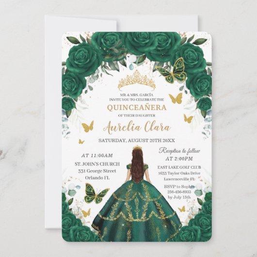Quinceañera Emerald Green Floral Gold Princess Kaart (Voorkant)