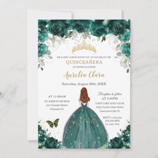 Quinceañera Emerald Green Floral Gold Princess Kaart (Voorkant)