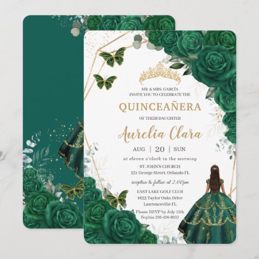 Quinceañera Emerald Green Floral Gold Princess Kaart (Voorkant / Achterkant)