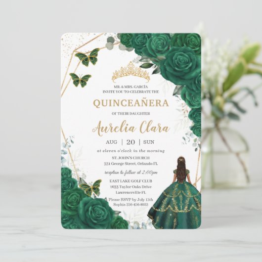 Quinceañera Emerald Green Floral Gold Princess Kaart (Staand voorkant)