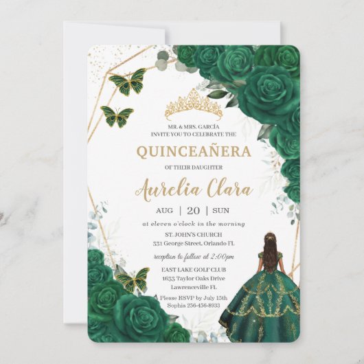 Quinceañera Emerald Green Floral Gold Princess Kaart (Voorkant)
