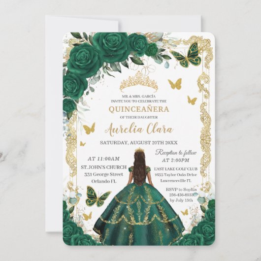 Quinceañera Emerald Green Floral Gold Princess Kaart (Voorkant)
