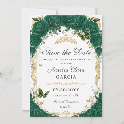Quinceañera Emerald Green Floral Gold Princess Save The Date (Voorkant)