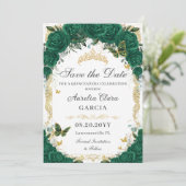 Quinceañera Emerald Green Floral Gold Princess Save The Date (Staand voorkant)