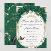 Quinceañera Emerald Green Floral Gold Princess Save The Date (Voorkant / Achterkant)