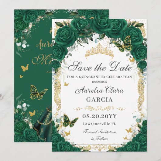 Quinceañera Emerald Green Floral Gold Princess Save The Date (Voorkant / Achterkant)
