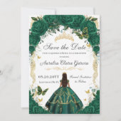 Quinceañera Emerald Green Floral Gold Princess Save The Date (Voorkant)