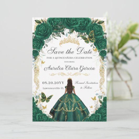 Quinceañera Emerald Green Floral Gold Princess Save The Date (Staand voorkant)