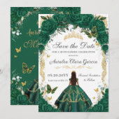 Quinceañera Emerald Green Floral Gold Princess Save The Date (Voorkant / Achterkant)
