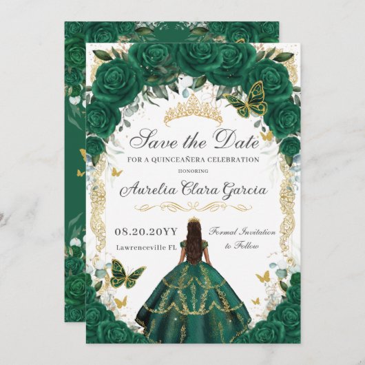 Quinceañera Emerald Green Floral Gold Princess Save The Date (Voorkant / Achterkant)