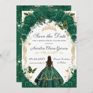 Quinceañera Emerald Green Floral Gold Princess Save The Date