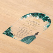 Quinceañera Emerald Green Floral Jurk Gouden Boog Acryl Uitnodigingen (Laagn)