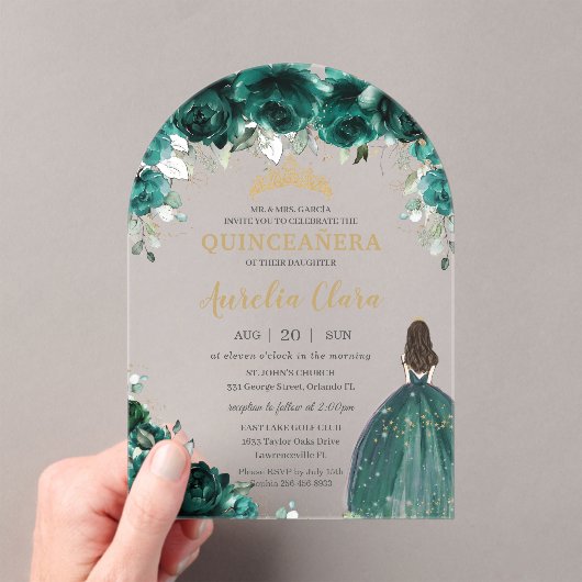 Quinceañera Emerald Green Floral Jurk Gouden Boog Acryl Uitnodigingen (Insitu (Draagbaar))