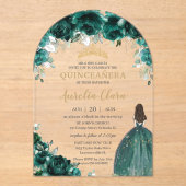 Quinceañera Emerald Green Floral Jurk Gouden Boog Acryl Uitnodigingen (Voorkant)