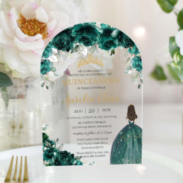 Quinceañera Emerald Green Floral Jurk Gouden Boog Acryl Uitnodigingen