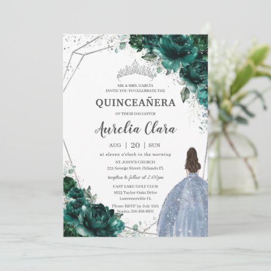 Quinceañera Emerald Green Floral Kaart (Staand voorkant)