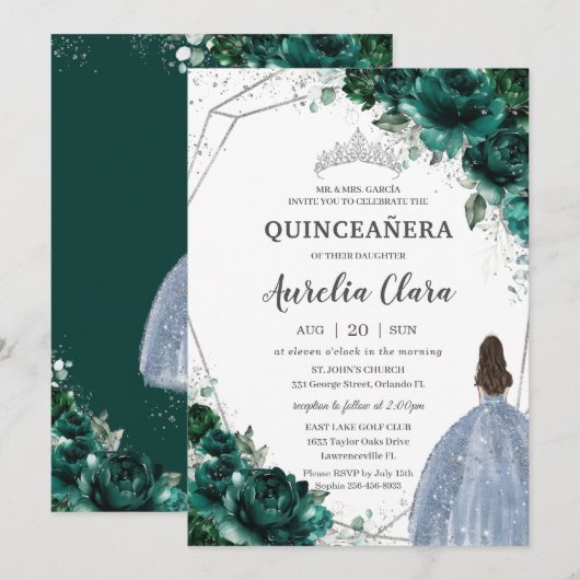 Quinceañera Emerald Green Floral Kaart (Voorkant / Achterkant)