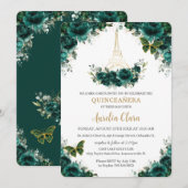 Quinceañera Emerald Green Floral Paris Butterflies Kaart (Voorkant / Achterkant)