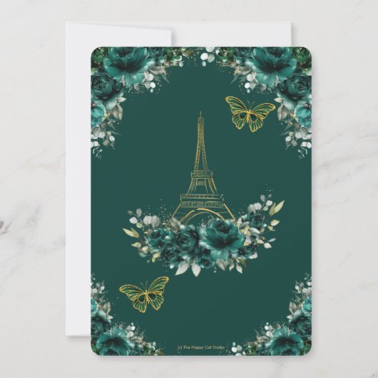 Quinceañera Emerald Green Floral Paris Butterflies Kaart (Achterkant)