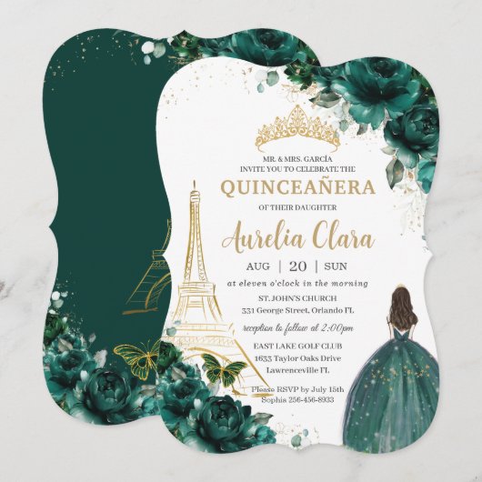 Quinceañera Emerald Green Floral Paris Gold Crown Kaart (Voorkant / Achterkant)