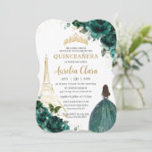 Quinceañera Emerald Green Floral Paris Gold Crown Kaart (Staand voorkant)