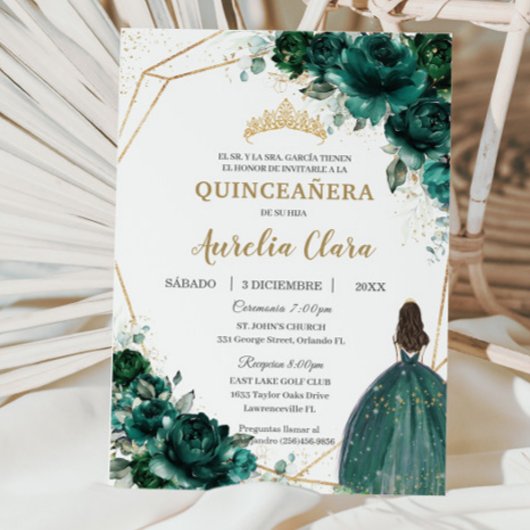 Quinceañera Emerald Green Floral Princess Español Kaart