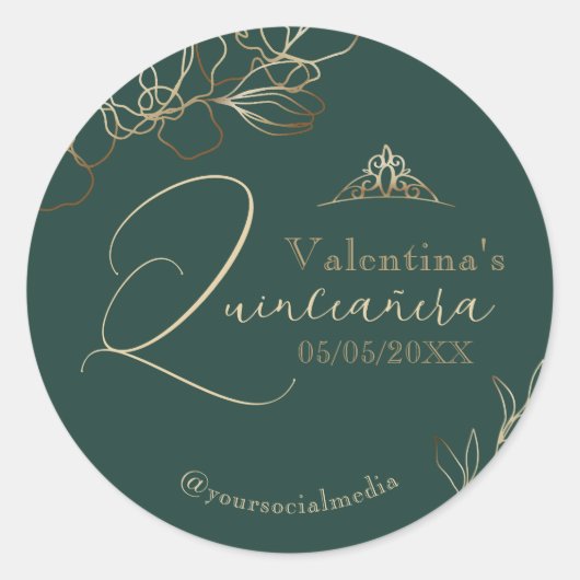 Quinceañera Emerald Green Floral Ronde Sticker (Voorkant)
