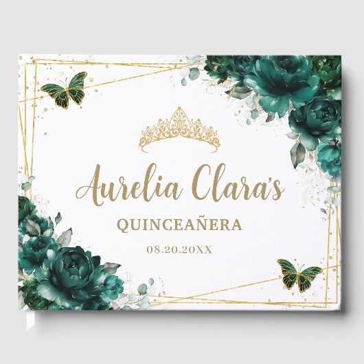QUINCEAÑERA Emerald Green Floral Rozen Vlinders Gastenboek (Voorkant)