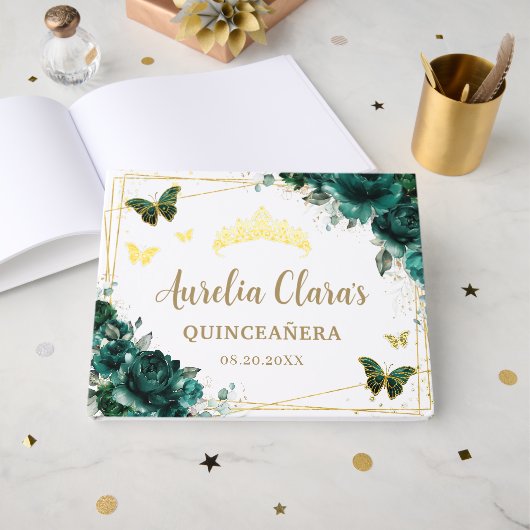 QUINCEAÑERA Emerald Green Floral Rozen Vlinders Gastenboek (Voorkant open)